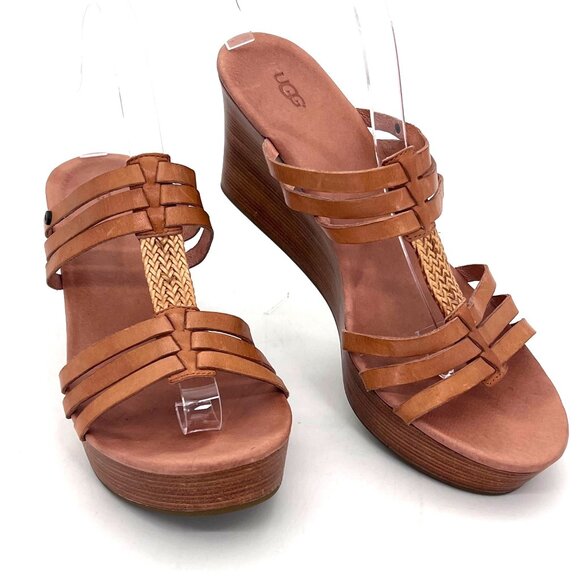 UGG Mattie Wedge Heeled Platform Sandals Womens Size 10 Slip On Leather & Braid - Picture 1 of 15